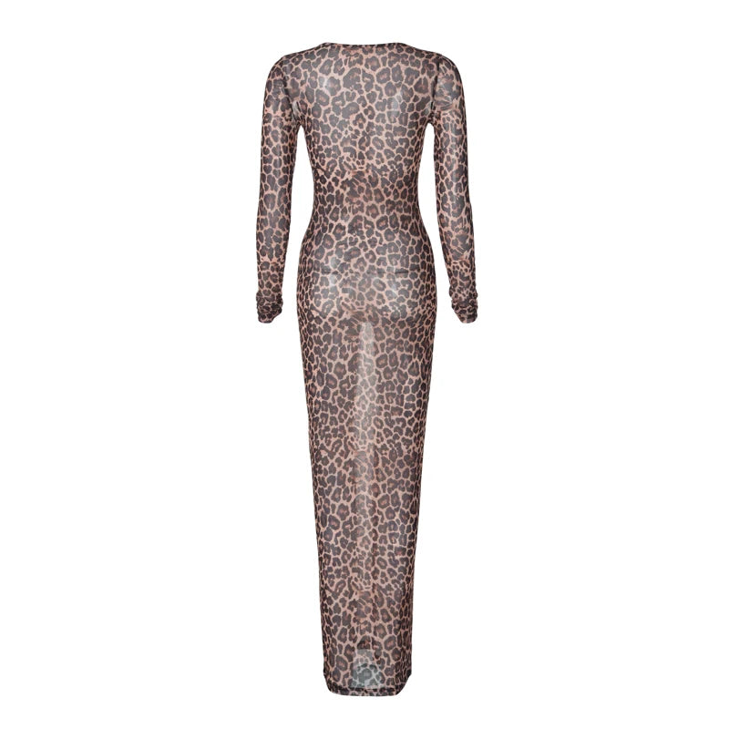 Hugcitar Leopard Print Mesh Long Sleeve Sexy Slim See Through Maxi Dress Fall Women Fashion Outfits Beach Vacation Club
