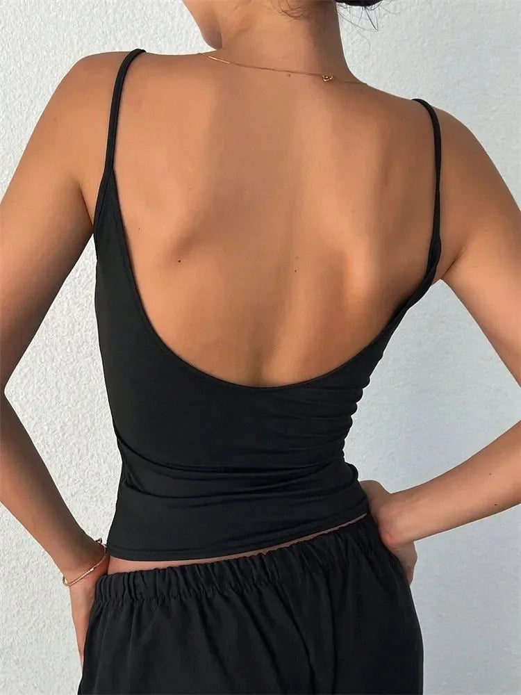 Women Backless Cami Crop Top Summer Solid Color Casual Sleeveless Top Streetwear Y2K Clothes - Smarsty