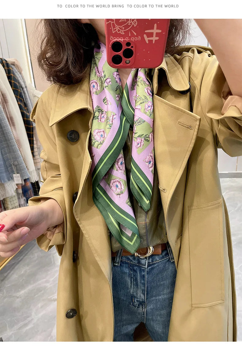 Luxury Silk Skinny Scarf with Cat Print for Women - Smarsty