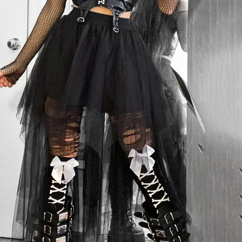 Sexy Net Yarn High-Waisted Irregular Skirt for Women Summer New European and American Gothic Style Versatile Casual Skirts - Smarsty