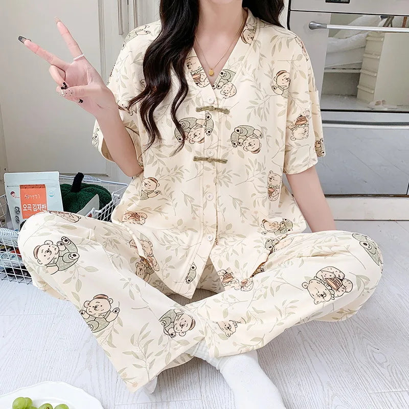 Pigma For Women Cotton Pajama Sleepwear Big Size Pajamas Nightwear Summer Women's Short Sleeved Long Pants Cardigan Pajama Set - Smarsty