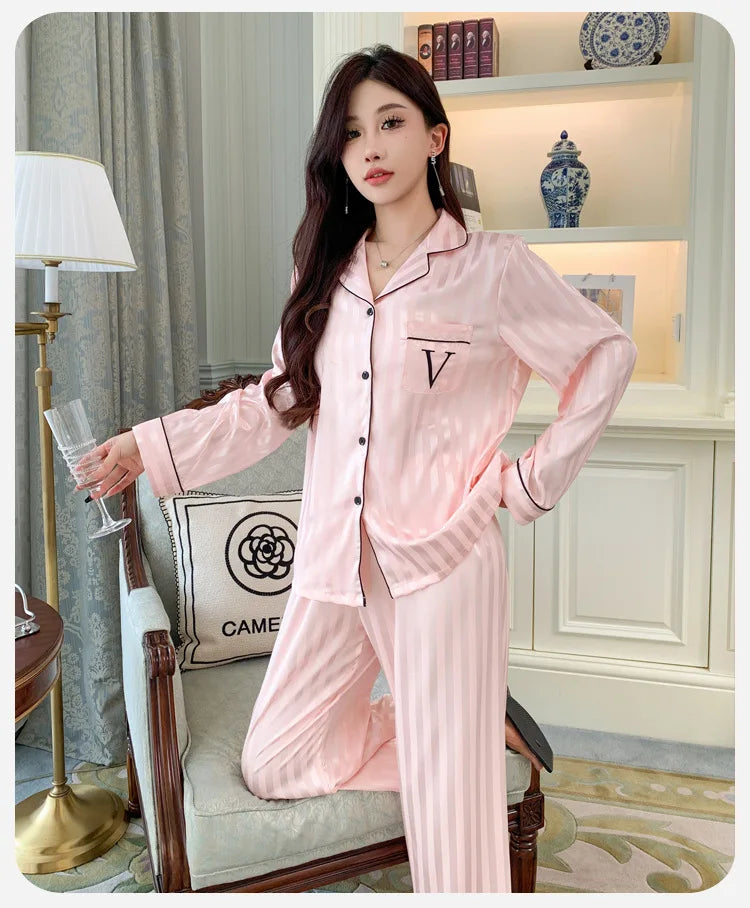 Women's Ice Silk Pajama Set Long Sleeve Long Pants Lightweight Sleepwear for Spring And Autumn Comfortable Homewear Pj Set - Smarsty