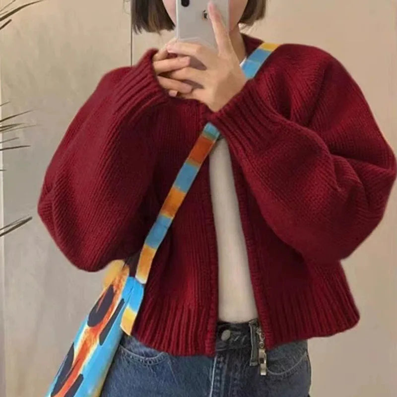 Autumn Winter Short Knitting Cardigan Women Solid Color Long Sleeve Round Neck Sweater Jacket 2025 Casual Zipper Sweater Coats - Smarsty