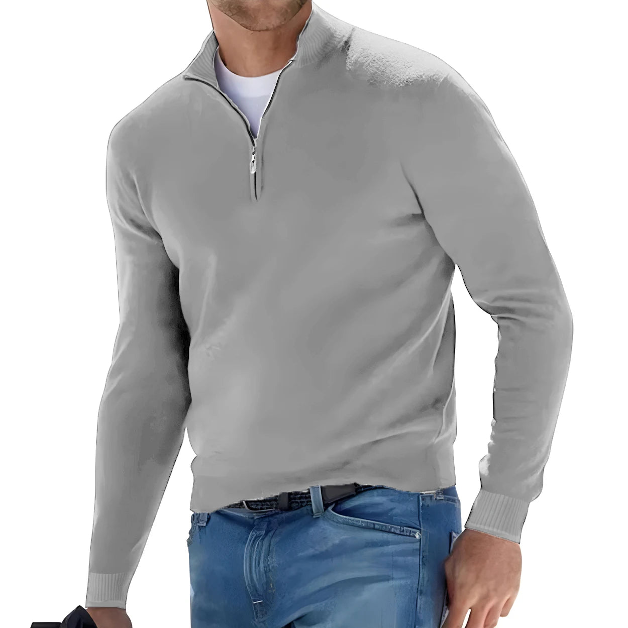 New Men's Long Sleeve Pullover Solid Color Half Zipper Sweaters V-neck Knitted Sweater Men Oversized Breathable Streetwear - Smarsty
