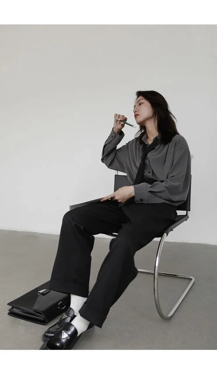 2025 Summer Minimalist Long Sleeve Button Up Shirt Women Korean Style Solid Tie Oversize Shirts Blouse Loose Clothes Autumn Tops - Smarsty