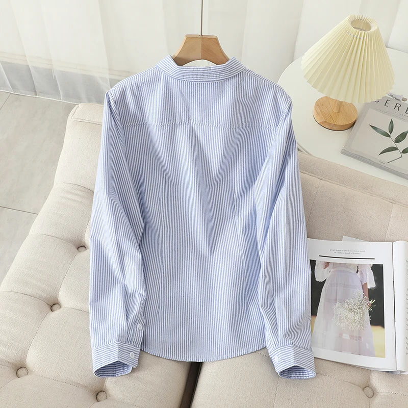 Casual Cotton Women's Oxford Shirt 2024 Autumn New Good Quality Woman Blouse and Tops Lady White Blue Striped Shirts Clothes - Smarsty