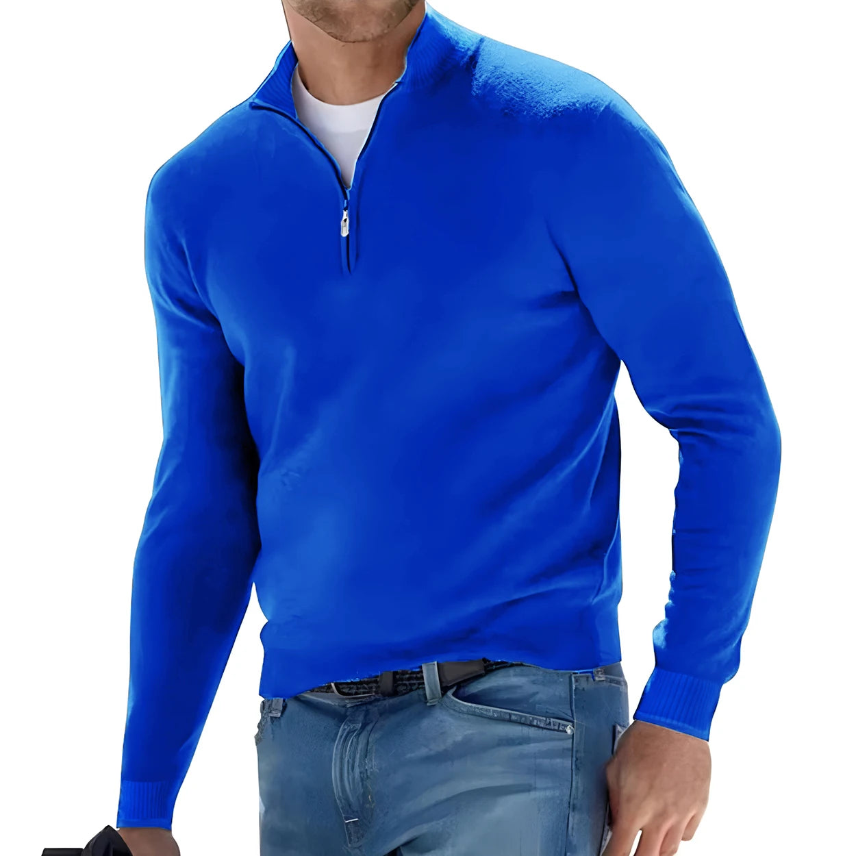 New Men's Long Sleeve Pullover Solid Color Half Zipper Sweaters V-neck Knitted Sweater Men Oversized Breathable Streetwear - Smarsty