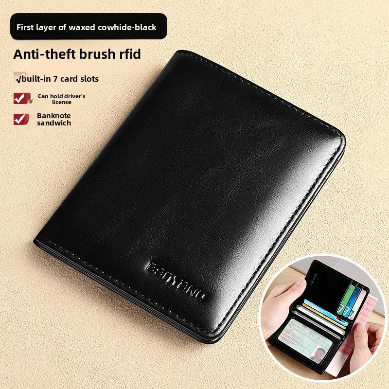 Men Wallet Genuine Leather Rfid Blocking Trifold Wallet Vintage Thin Short Multi Function ID Credit Card Holder Male Purse Money