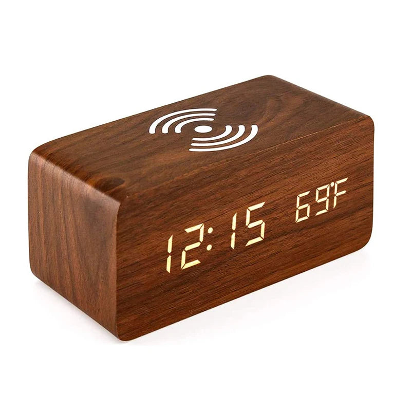 Wooden Digital Alarm Clock with Wireless Charging Feature - Smarsty