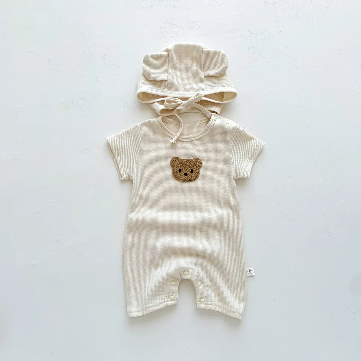 New In Summer Kids Baby Girls Boys Short Sleeve Waffle Patch Bear Infant Newborn Jumpsuits Cotton Romper Gift Hat with Ear by Smarsty