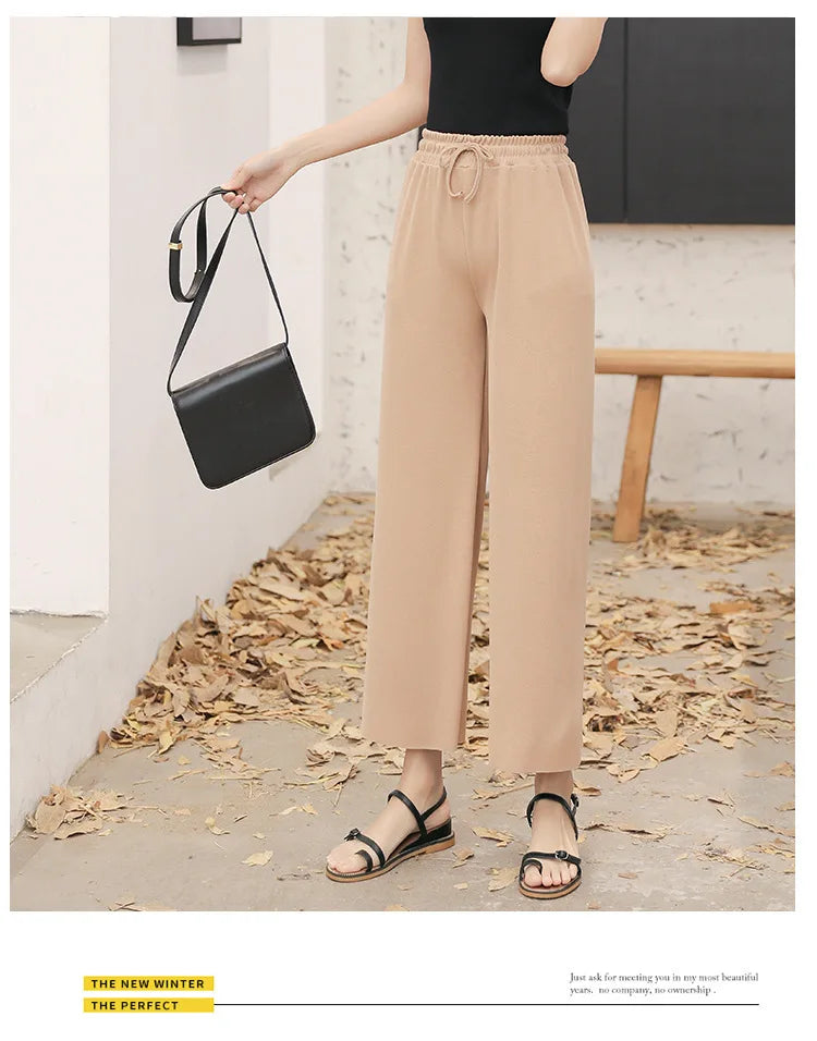Women Ankle-Length Wide Leg Pants Casual Summer Solid Elastic Waist Loose Ice Silk Pants Spring Summer Female Trousers - Smarsty