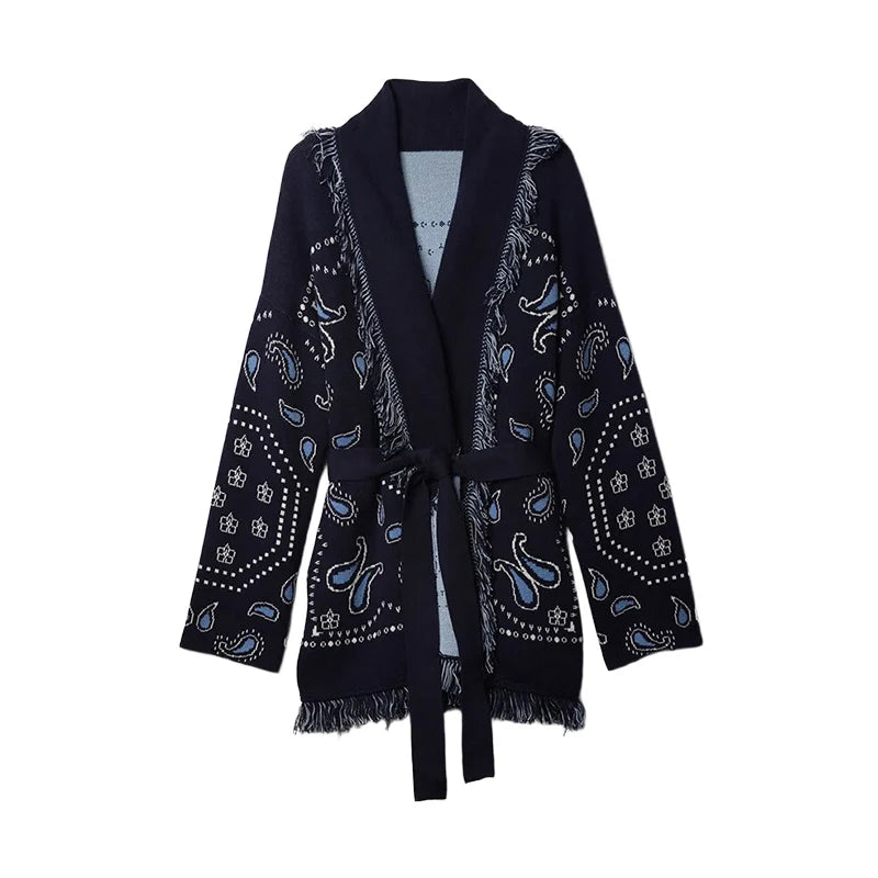 Tassel Patchwork Printed Cardigan Women Geometric Patterns Belts V-neck Long Sleeve Knitted Street Lady Sweater 2025 Autumn Coat - Smarsty