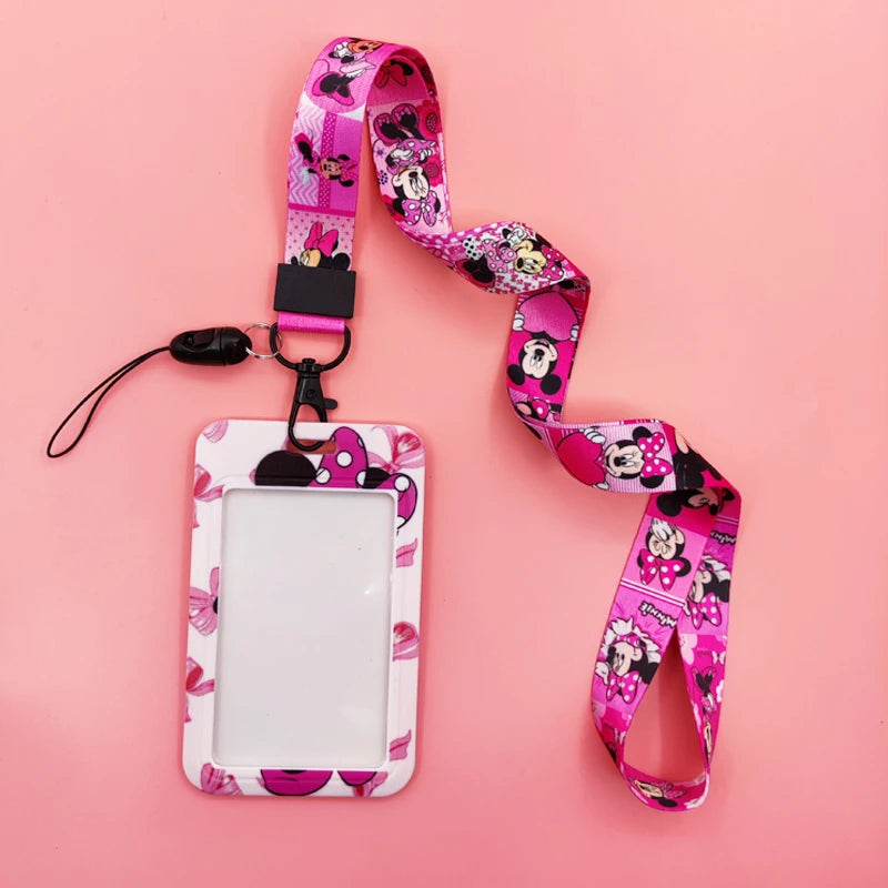 Disney Pink Lanyard ID Badge Holder Mickey Credit Card Case Neck Strap Minnie Card Holders Girl Credentials Accessories Keychain