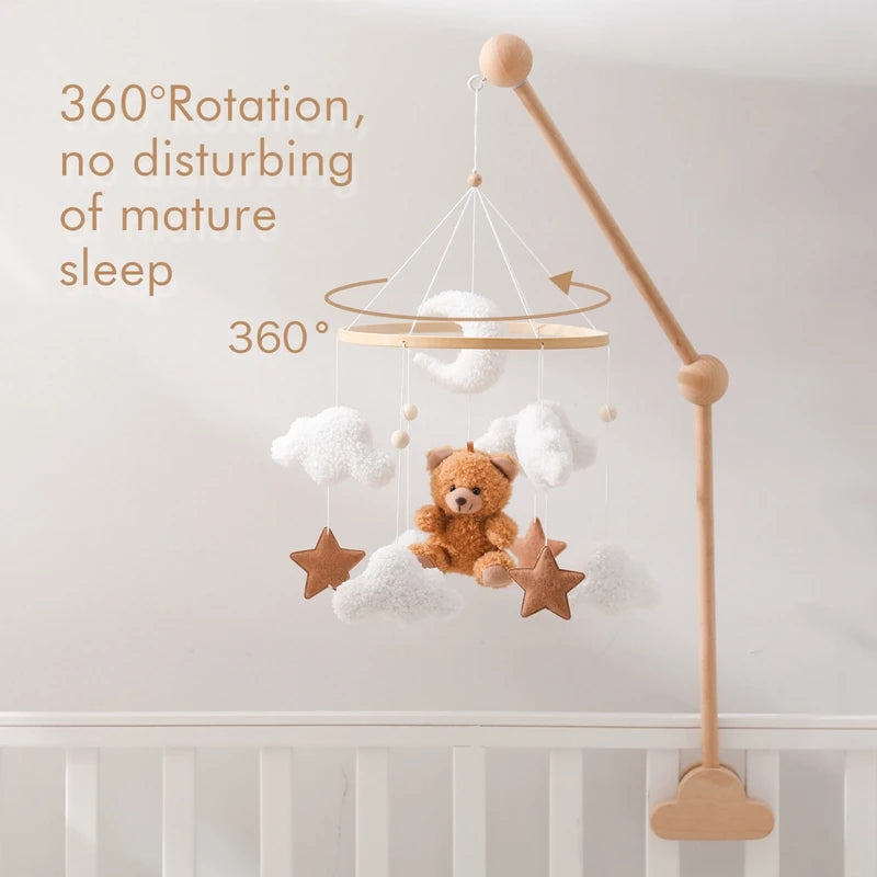 Wooden Crib Mobile Baby Bed Bell Rattle Toy Soft Felt Cartoon Bear Mobile Hanging Newborn Music Box Bed Bell Hanging Bracket Toy by Smarsty