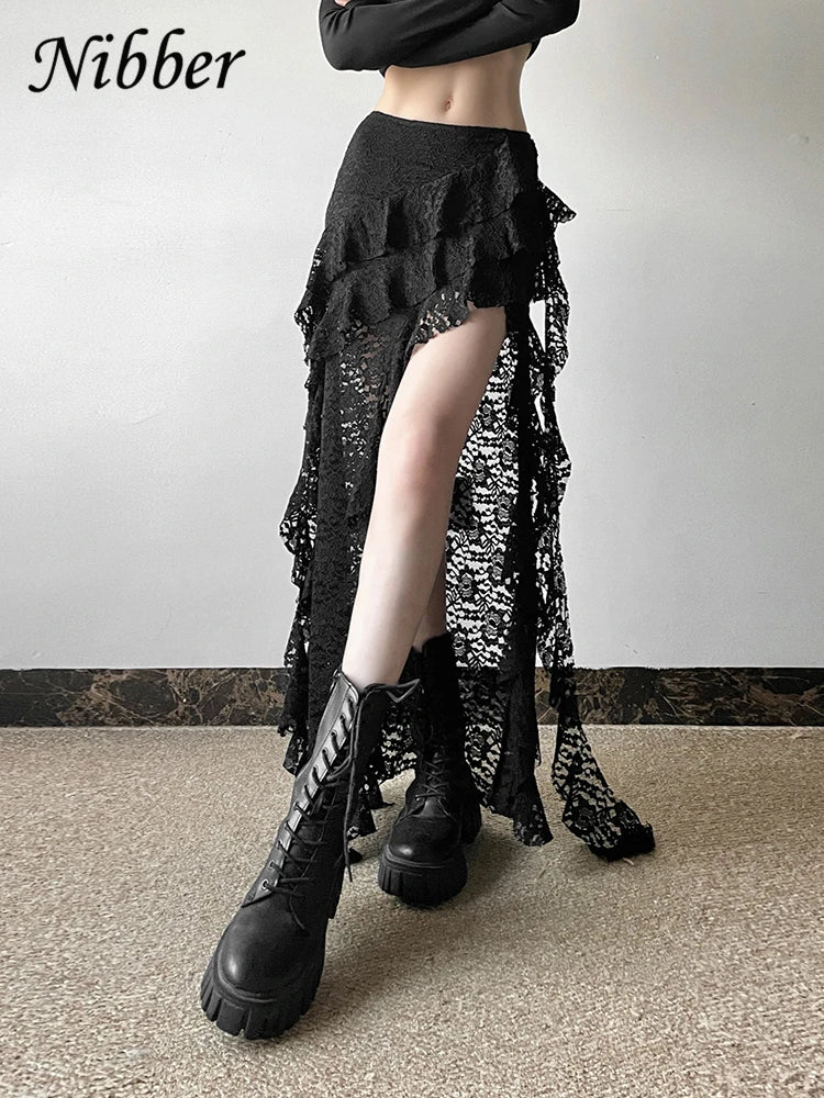 Nibber Tassels Women Skirts Irregular Hem Multi-Layered Ruffles Lace Patchwork Sweet Summer Trend Daily Skinny Versatile Bottoms - Smarsty