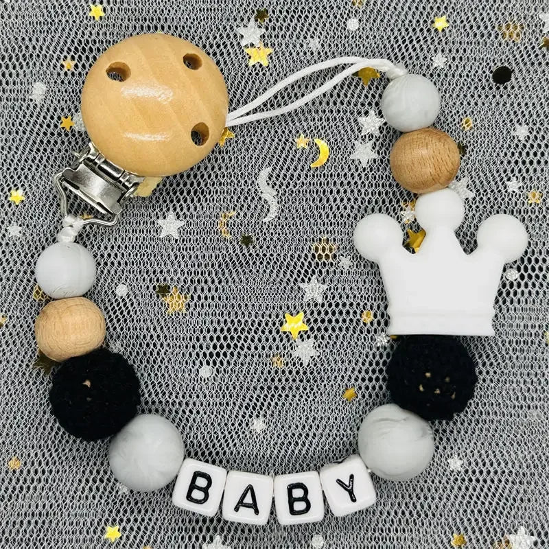 NEW Custom Personalized Name Pacifier Clip Handmade Beech Wooden Chain Silicone Crown Holder Soother Baby Teething Toy Chew Gift by Smarsty