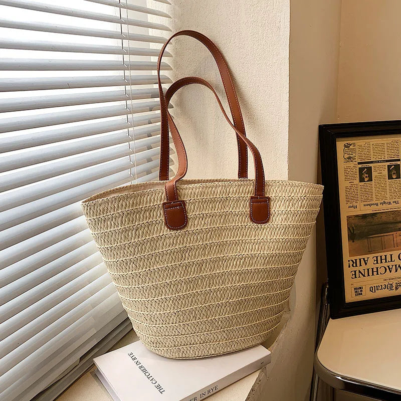 Large Capacity Straw Beach Tote Woven Shoulder Bag Summer - Smarsty