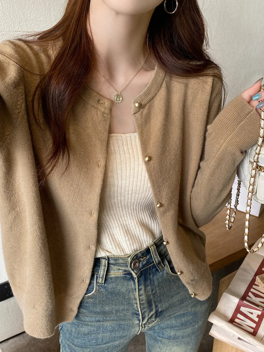 Solid Color Knitted for Women Cardigan Korean Single Breasted Long Sleeve Jumper Woman Round Neck All Match Cardigans Outwear - Smarsty