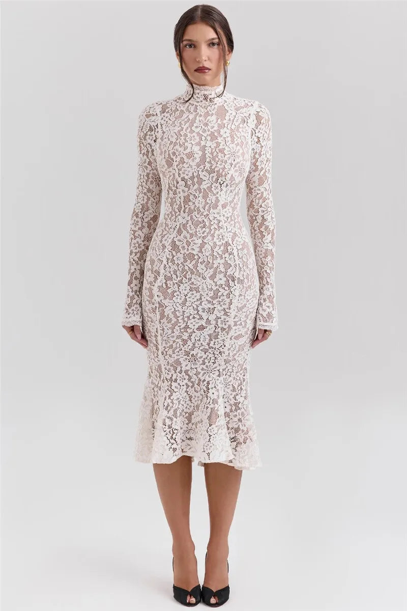 Mozision Lace Long Sleeve Sexy Midi Dress For Women Elegant White Half High Collar High Waist Bodycon Club Party Sexy Long Dress - Smarsty