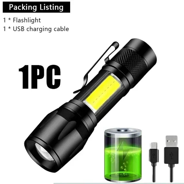 Mini LED Flashlight COB+XPE Portable Torch USB Charging Camping Lantern Zoomable Focus Light Tactical Flashlight with Pen Clip - Smarsty