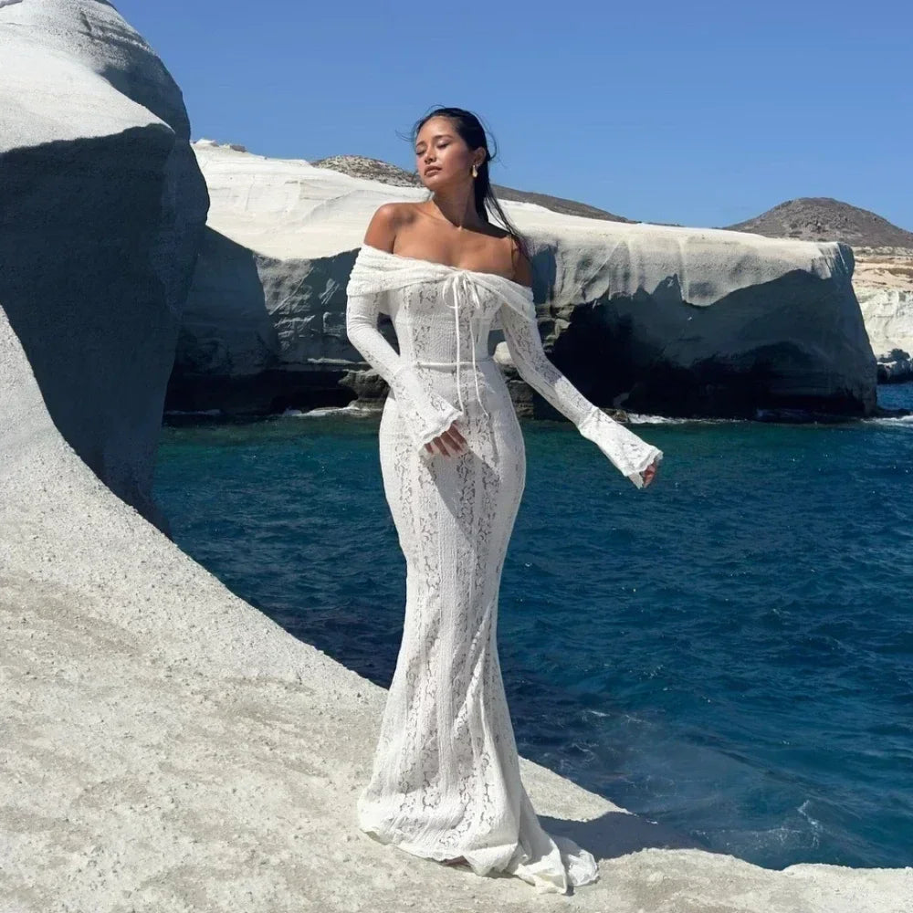 Suninheart White Off The Shoulder Autumn Bodycon Dress 2025 Long Sleeve Elegant Lace Maxi Dress Wedding Guest Dress for Women
