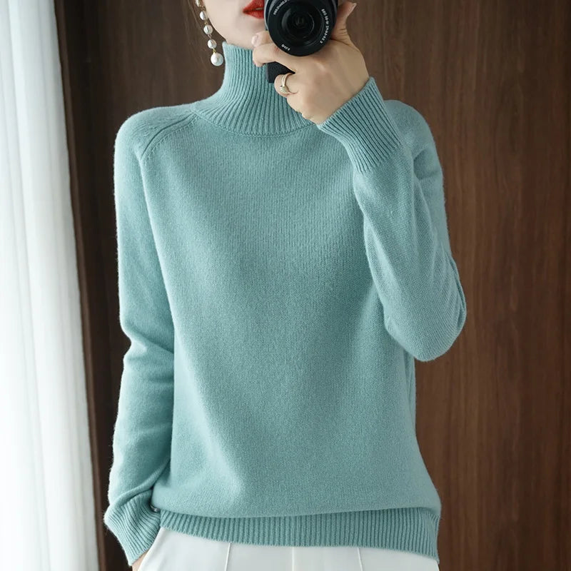 Fashion Basic Autumn Winter Merino Wool Sweater Mock Neck Cashmere Pullover Solid Color Soft Long Sleeve Clothing Tops - Smarsty