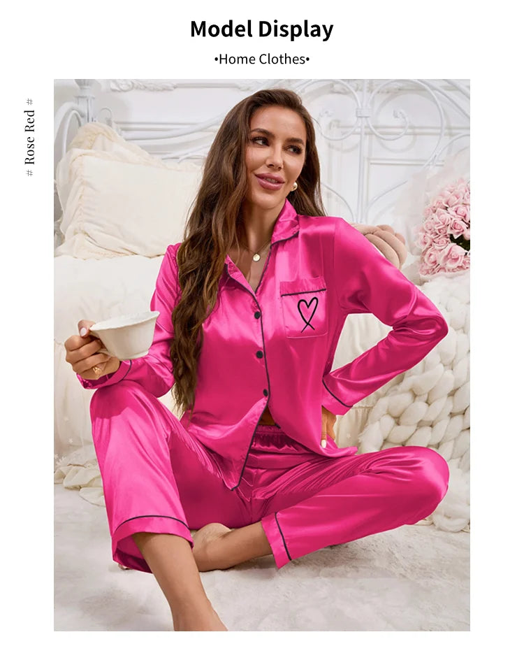 Autumn Satin Pajama for Women Heart-shaped Embroidery Sleepwear & Loungewear Long Sleeve Top & Pants Home Clothes Pyjama 2 Piece - Smarsty