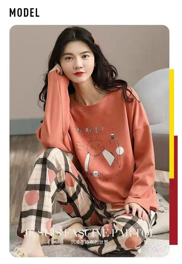Spring and Autumn New Ladies Pajamas Homewear Set of Long-Sleeved Autumn and Winter Homewear Women Plus Size Pajamas Set - Smarsty