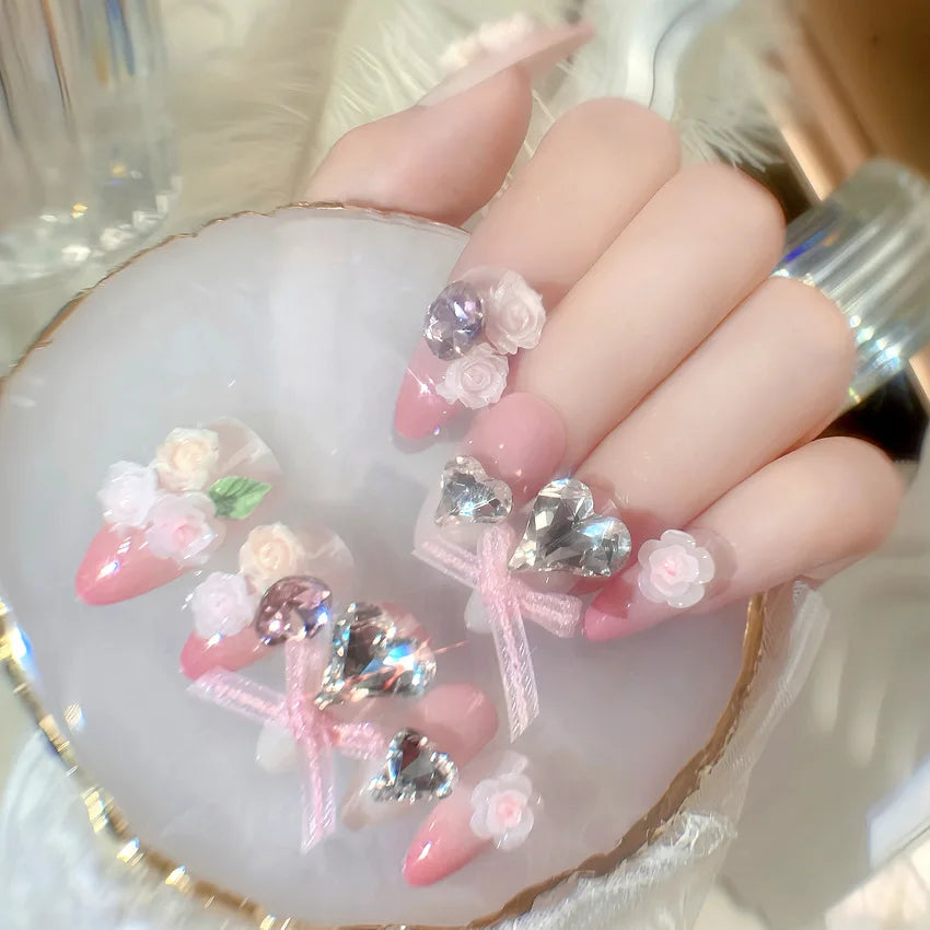 24pcs Pink Crystal Bow Press On Nails for Girls - Smarsty