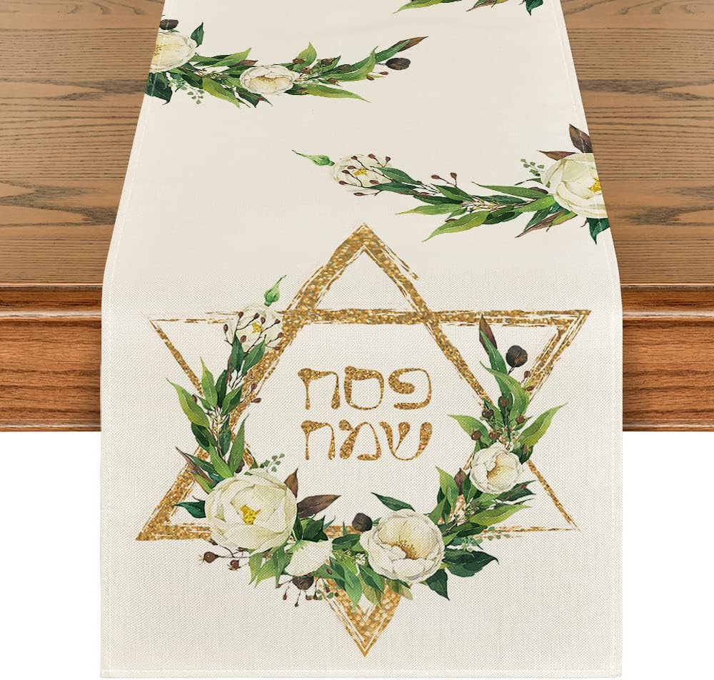 Hexagram Flowers Linen Table Runner for Passover Decor - Smarsty