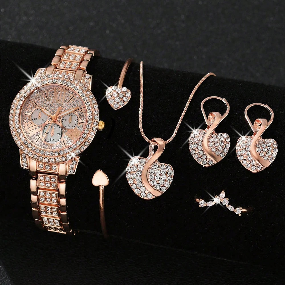 Luxury Women's Quartz Watch Jewelry Set with Rhinestones - Smarsty