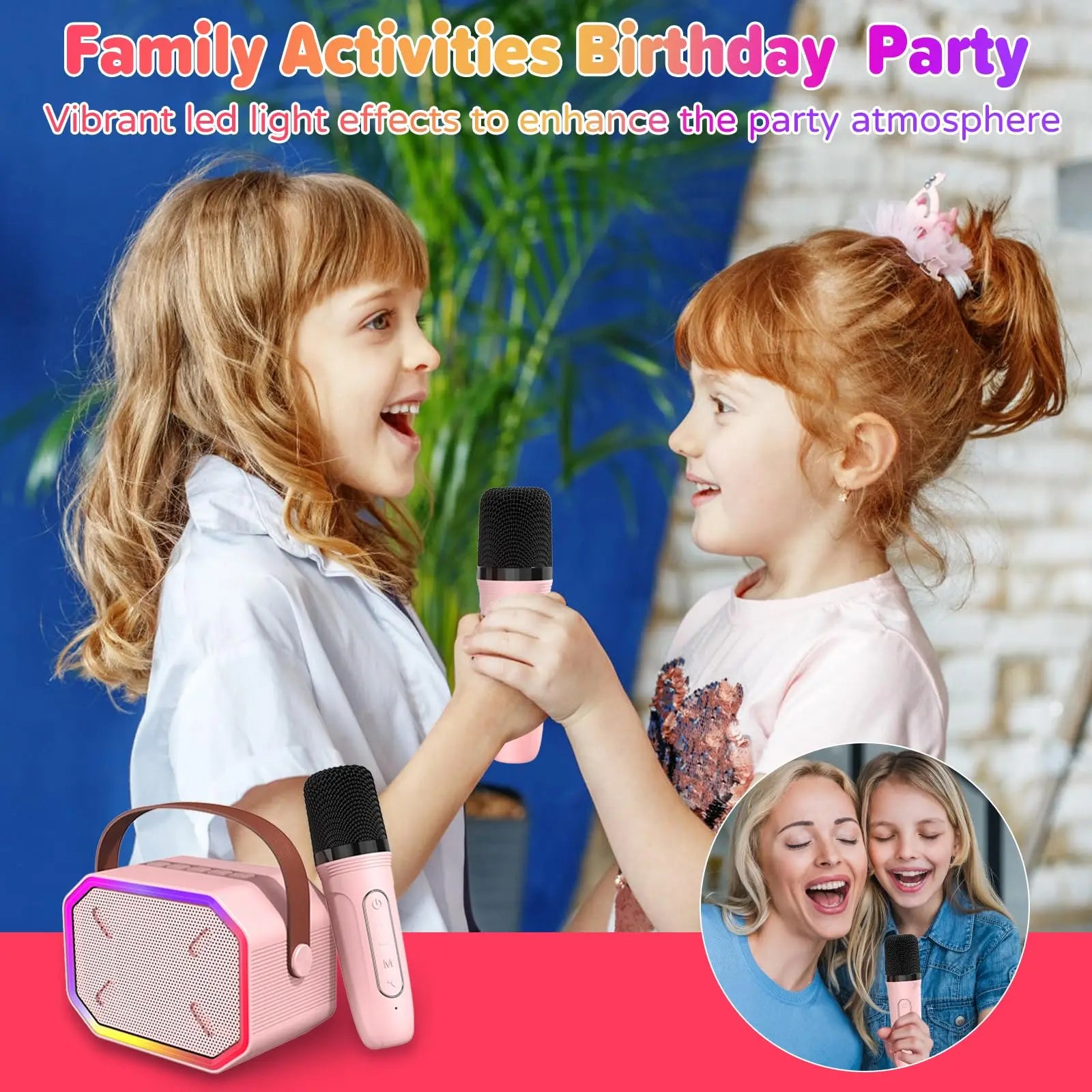 Mini Karaoke Machine for Kids Portable Karaoke Machine Bluetooth Wireless Microphones LDE Light Toys Gifts for Girls Boys - Smarsty