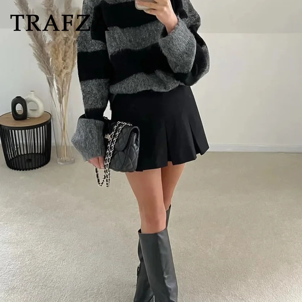 TRAFZA 2025 Spring Summer Women Casual Tierred Mini Skirts Fashion Vintage Solid High Wasit Ruffles Pleated Sexy Shorts Skirts - Smarsty