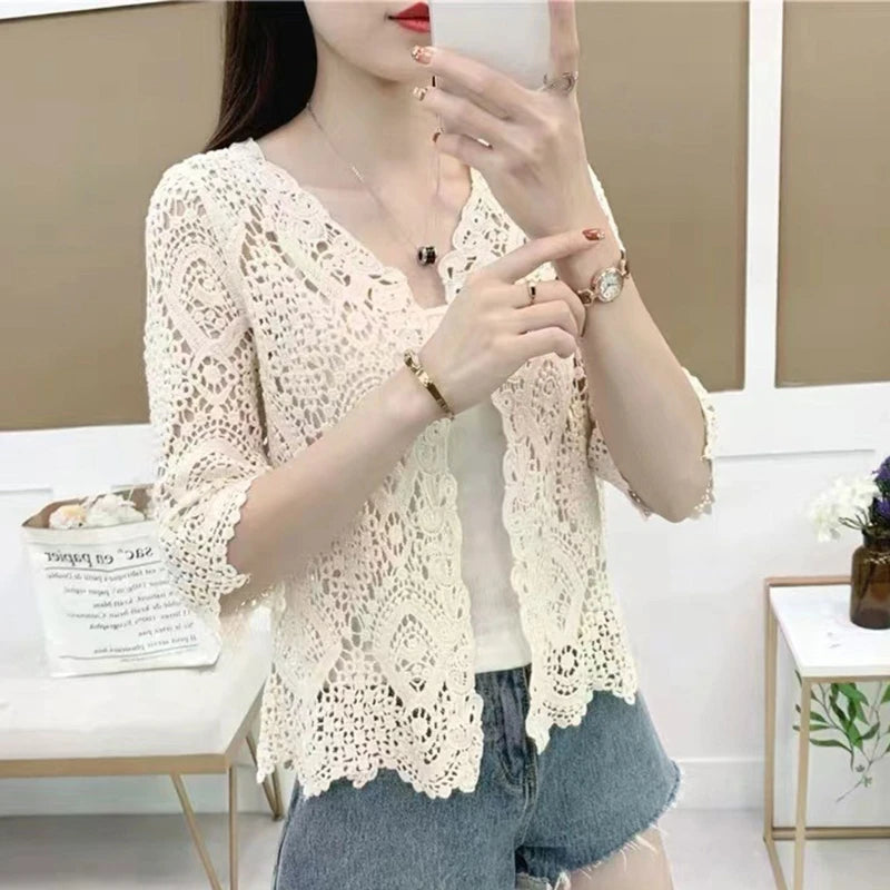 Women Knitted Lace Shrug Boho Hollow Crochet Floral 3/4 Sleeves Open Front Cropped Cardigan Elegant Mesh Sweater Coveup - Smarsty