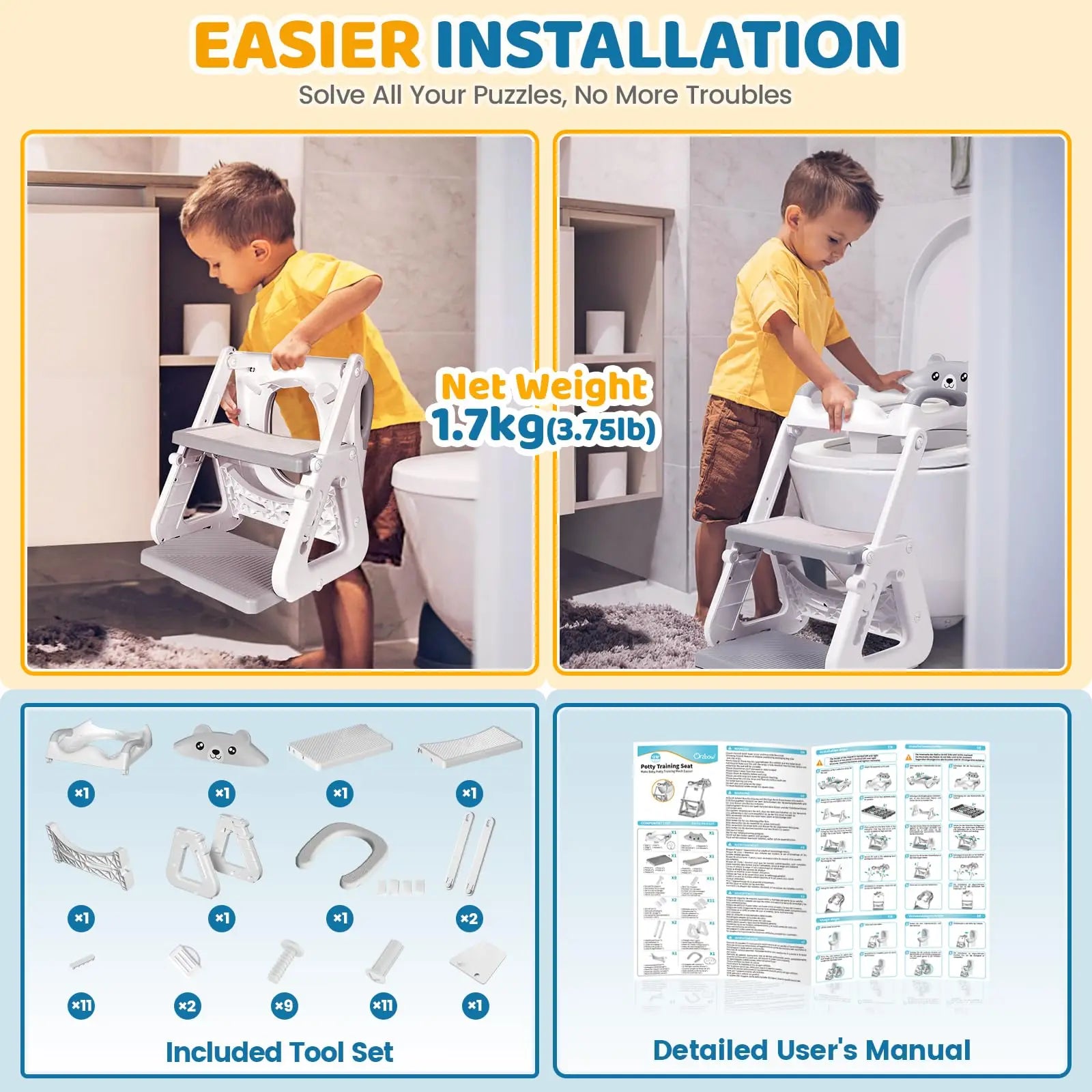 2-IN-1 Potty Training Seat with Step Stool, Height Adjustable Toilet Seat for Toddler, Potty Training with Splash Guard for Kids