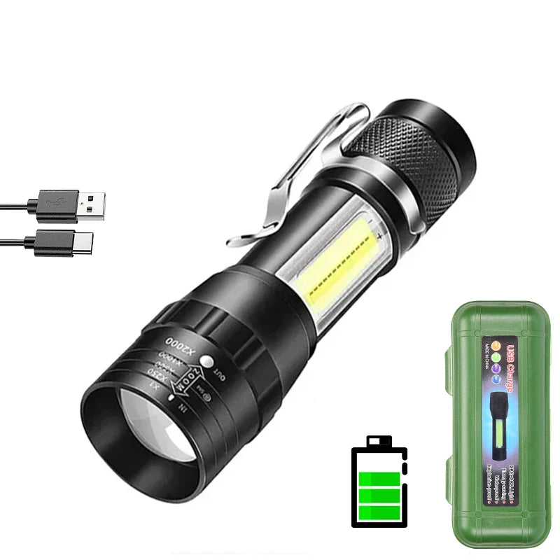Portable Rechargeable LED Flashlight with Pen Clip Zoomable Waterproof Torch with Side Light Outdoor Camping Emergency Lantern - Smarsty