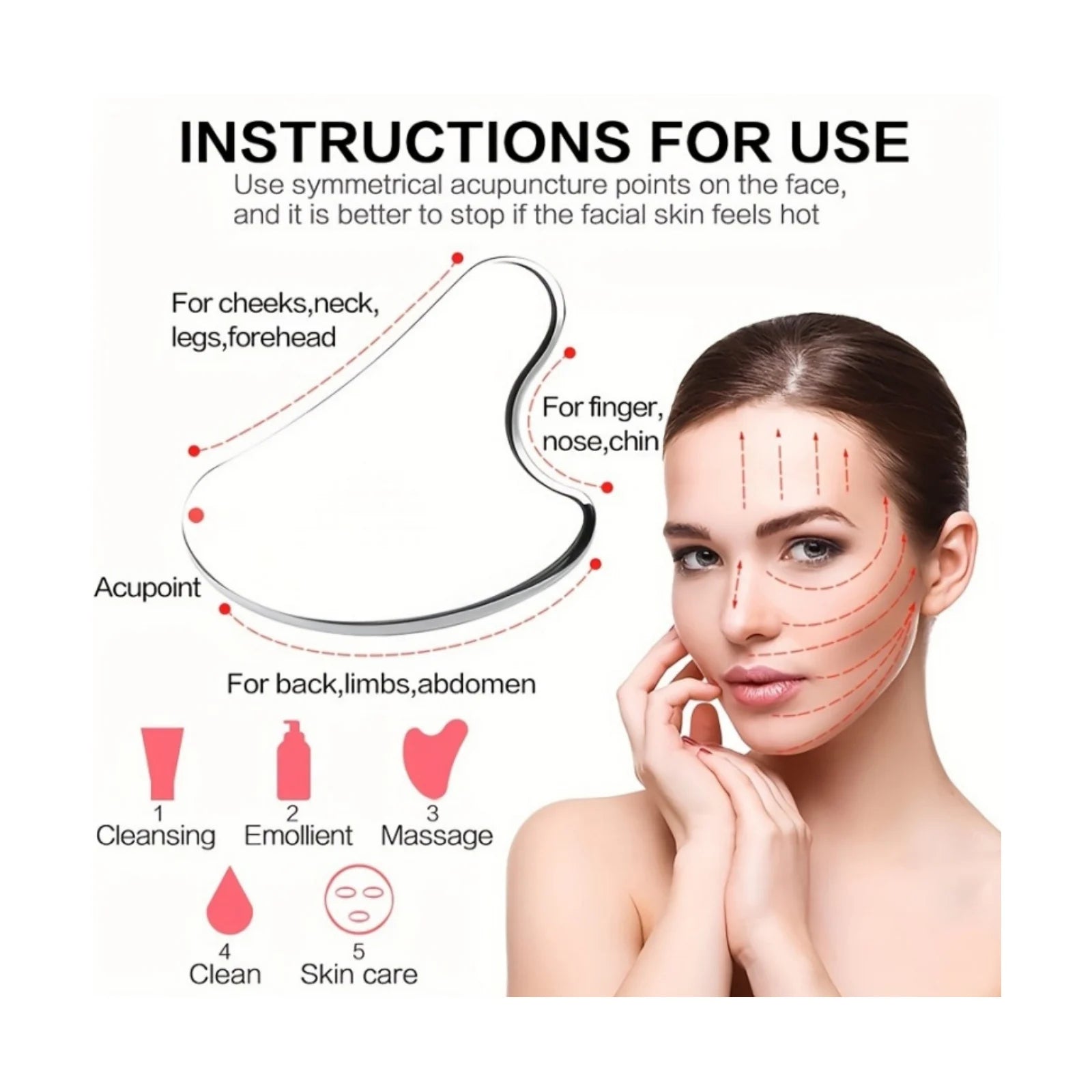 3-piece facial cleansing tool, stainless steel heart-shaped scraping tool, ice facial roller, a flannel bag