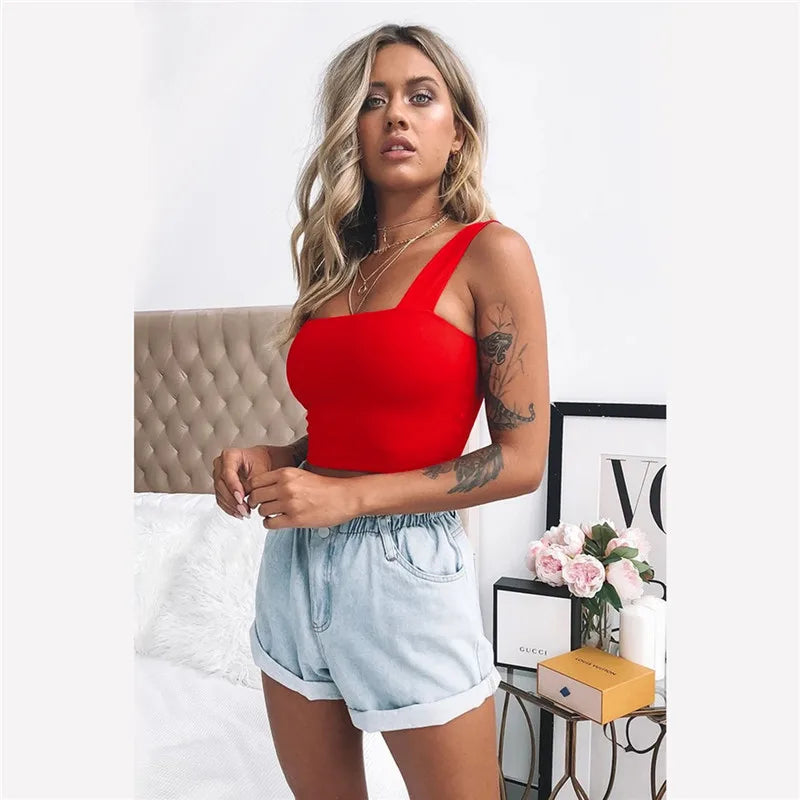 Square Neck Sleeveless Summer Crop Top White Women Black Casual Basic T Shirt Off Shoulder Cami Sexy Backless Tank Top - Smarsty