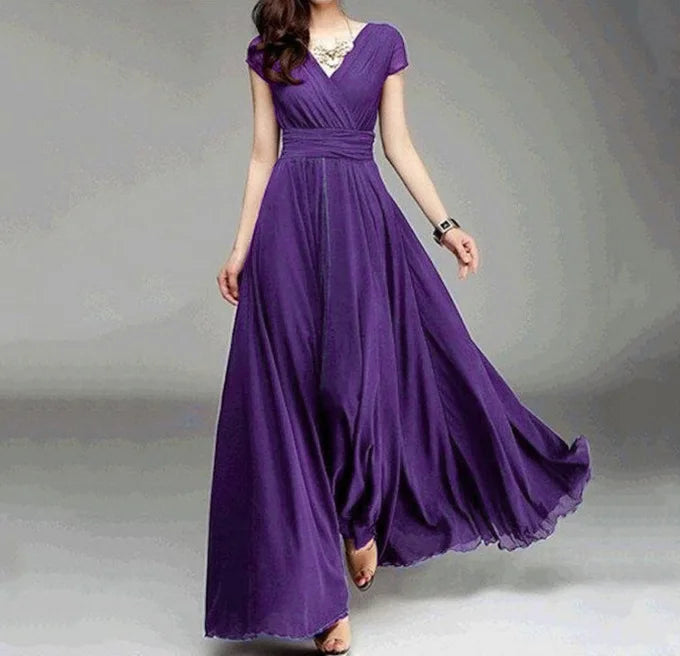 Women's Short-Sleeved Chiffon Evening Dress, Female Party Dress, Monochromatic, Bohemian, Long, Elegant, New, 2022 - Smarsty