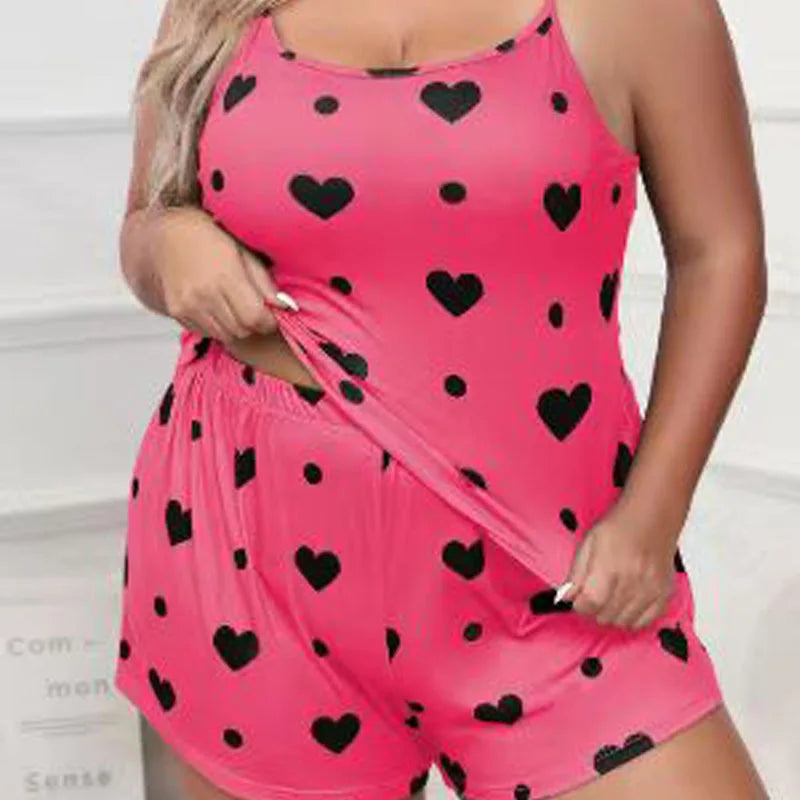 Plus Size Heart Print Women Pajama Set Sleeveless O Neck Crop Top & Elastic Waist Shorts 2 Pieces Female Sleepwear Nightwear - Smarsty