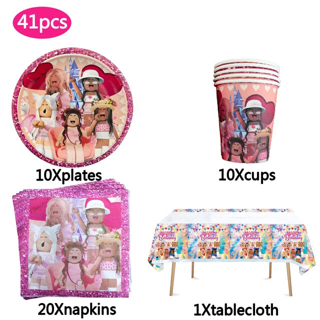 Pink Roblox Birthday Party Decorations Tableware Set - Smarsty