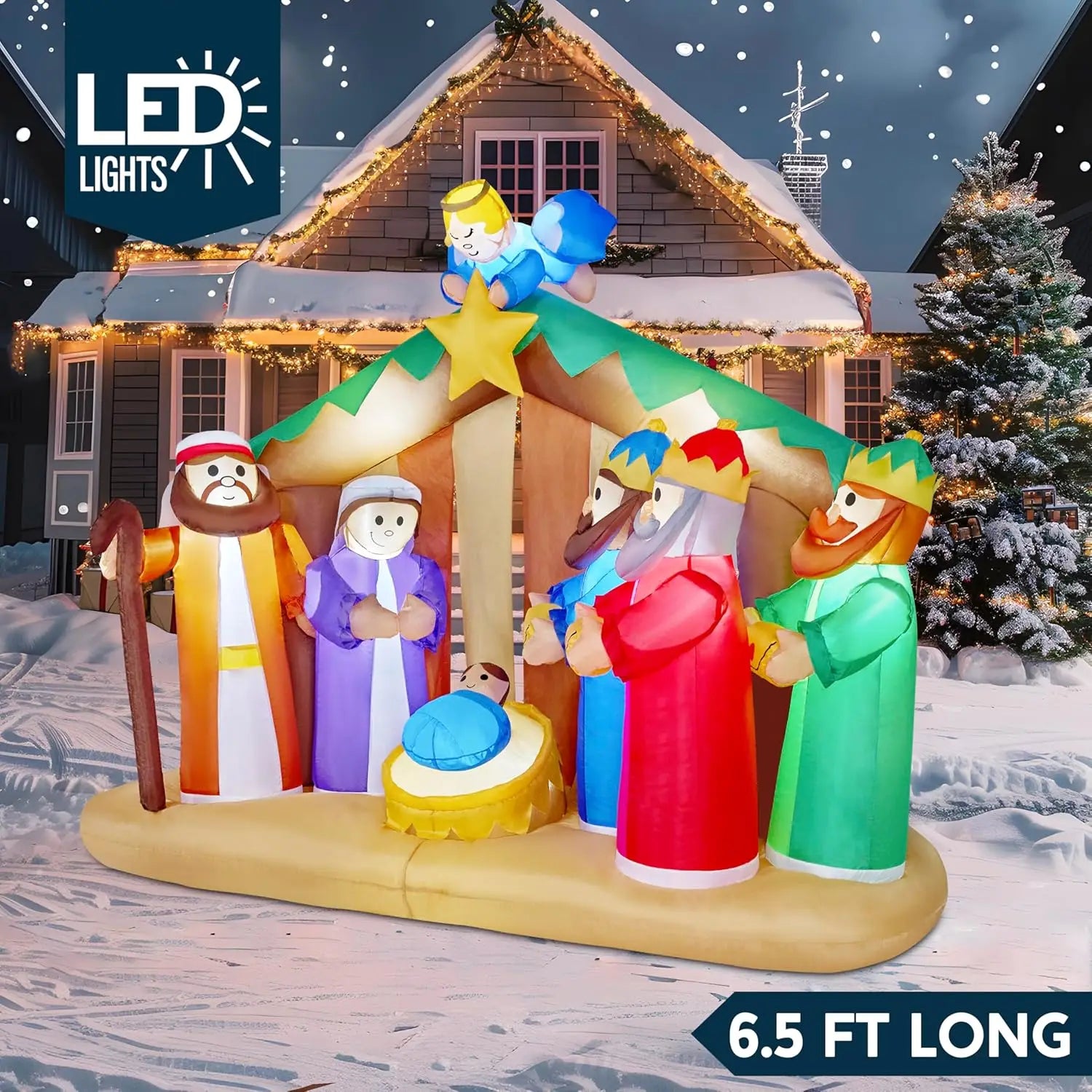 JOYFY 8 FT Long Christmas Inflatables Nativity Scene Christmas Nativity Set with Build-in LEDs for Xmas Party Yard Décor