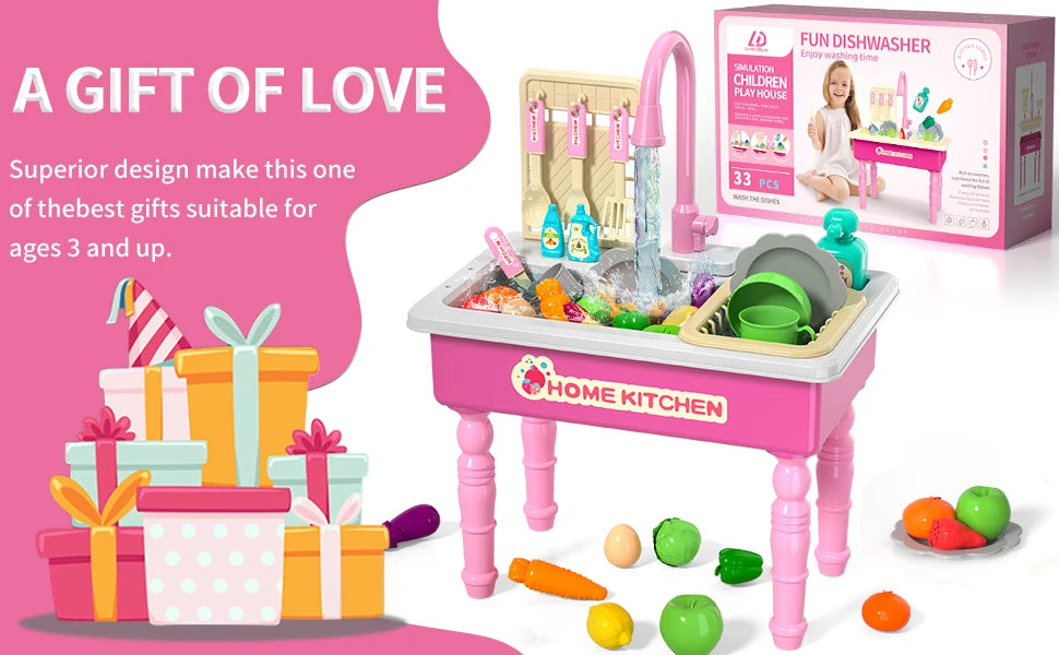 Play Kitchen Sink Toy with Running Water, Dishwasher and Upgraded Automatic Water Cycle System