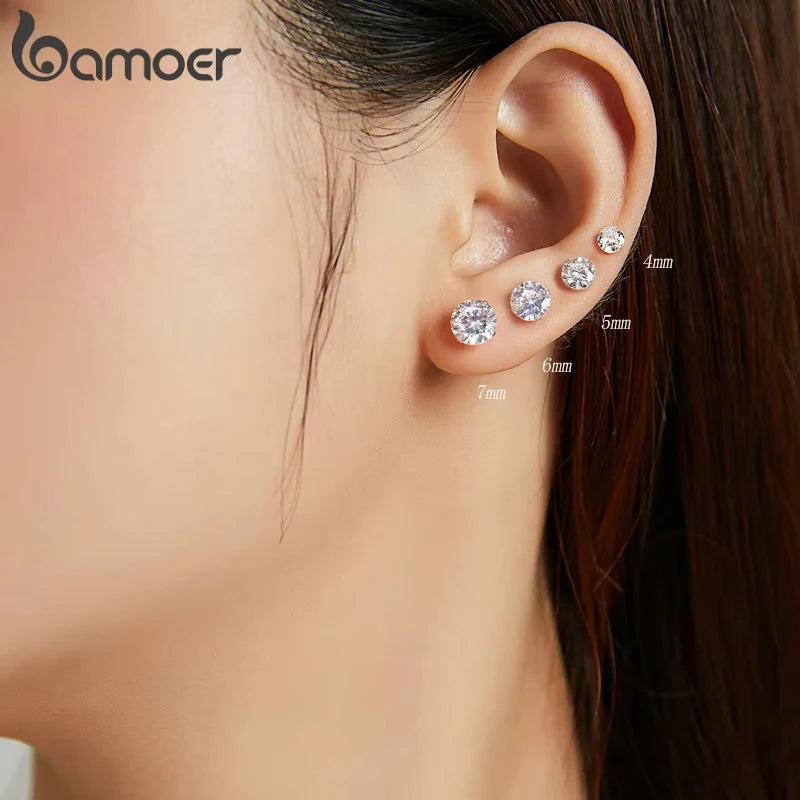 Bamoer CZ Stud Earrings 925 Sterling Silver Platinum Plated Round Cubic Zirconia Hypoallergenic Barbell Earrings 4-7mm - Smarsty