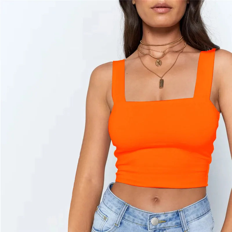 Square Neck Sleeveless Summer Crop Top White Women Black Casual Basic T Shirt Off Shoulder Cami Sexy Backless Tank Top - Smarsty