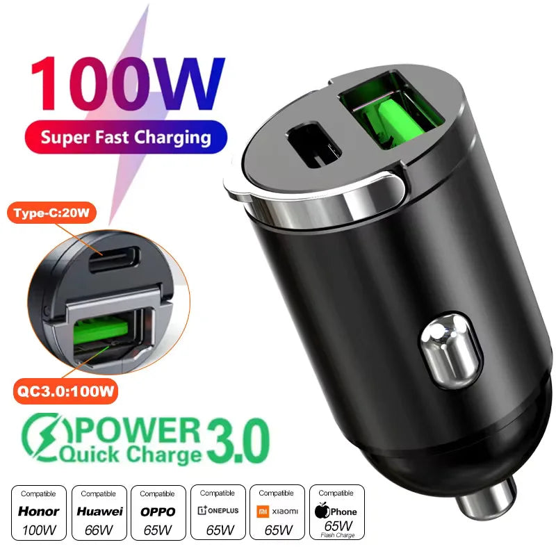 100W/200W QC3.0 PD Mini Car Charger 12-24V Lighter Fast Charging Car USB Type C Charger for Xiaomi Samsung Huawei iPhone Power - Smarsty