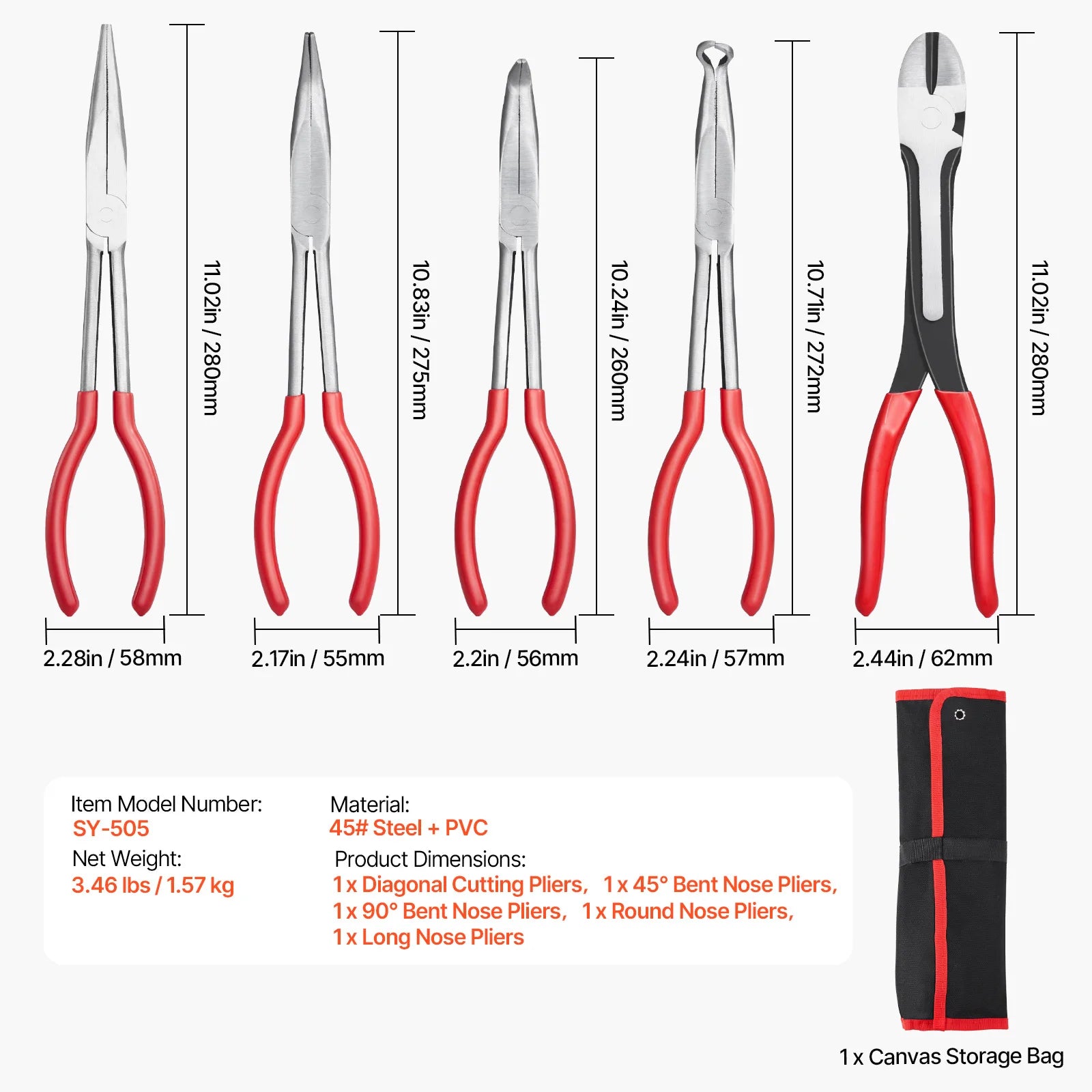 SucceBuy 5-Piece Needle Nose Pliers 11 in Long Needle Nose Pliers Set Diagonal Cutting Pliers 45°/90° Bent Round Nose Plier