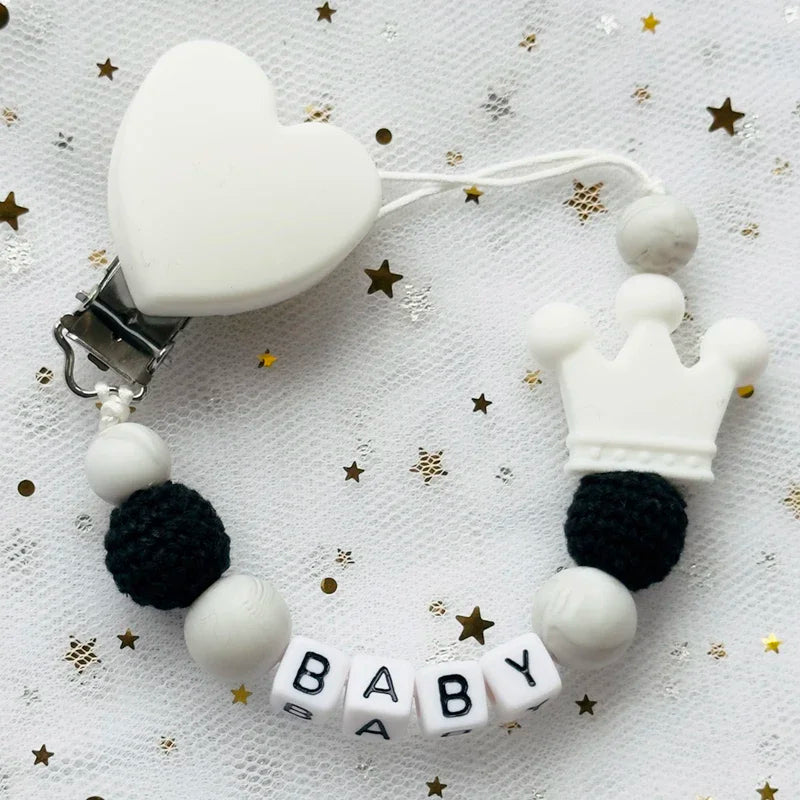 NEW Custom Personalized Name Pacifier Clip Handmade Beech Wooden Chain Silicone Crown Holder Soother Baby Teething Toy Chew Gift by Smarsty