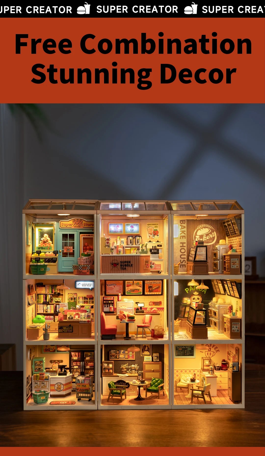 Robotime Rolife Super Creator Series Plastic Dollhouse Building Blocks for Kids Yum Burgers Leisurely Cheers Bar Sweet Sips Tea