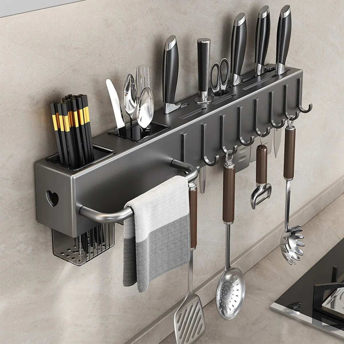 Wall Mounted Kitchen Knife Pot Cover Storage Rack Metal Kitchen Shelf Skeletonized Drainage Easy To Clean Chopstick Organizer